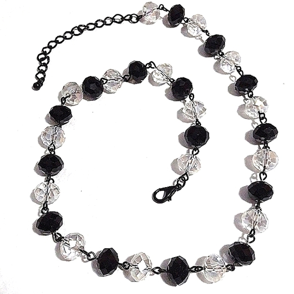 VINTAGE FACETED BLACK AND CLEAR GLASS BEADED BLACK GUNMETAL 20-23" NECKLACE - Picture 5 of 8